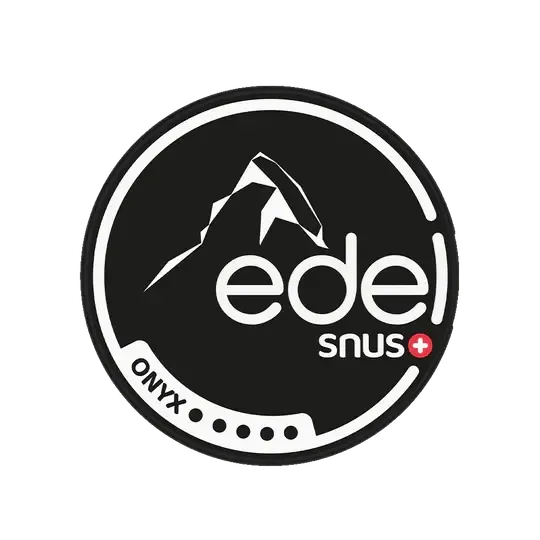 Edel Snus Onyx logotips ar kalna motīvu uz melna fona, Šveices Snus marka