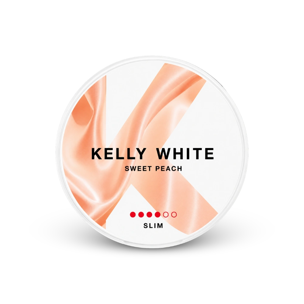 Kelly White Sweet Peach Slim Strong – nikotīna spilventiņu skārda