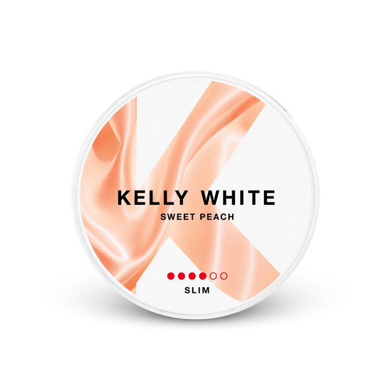 Kelly White Sweet Peach Slim Strong – nikotīna spilventiņu skārda