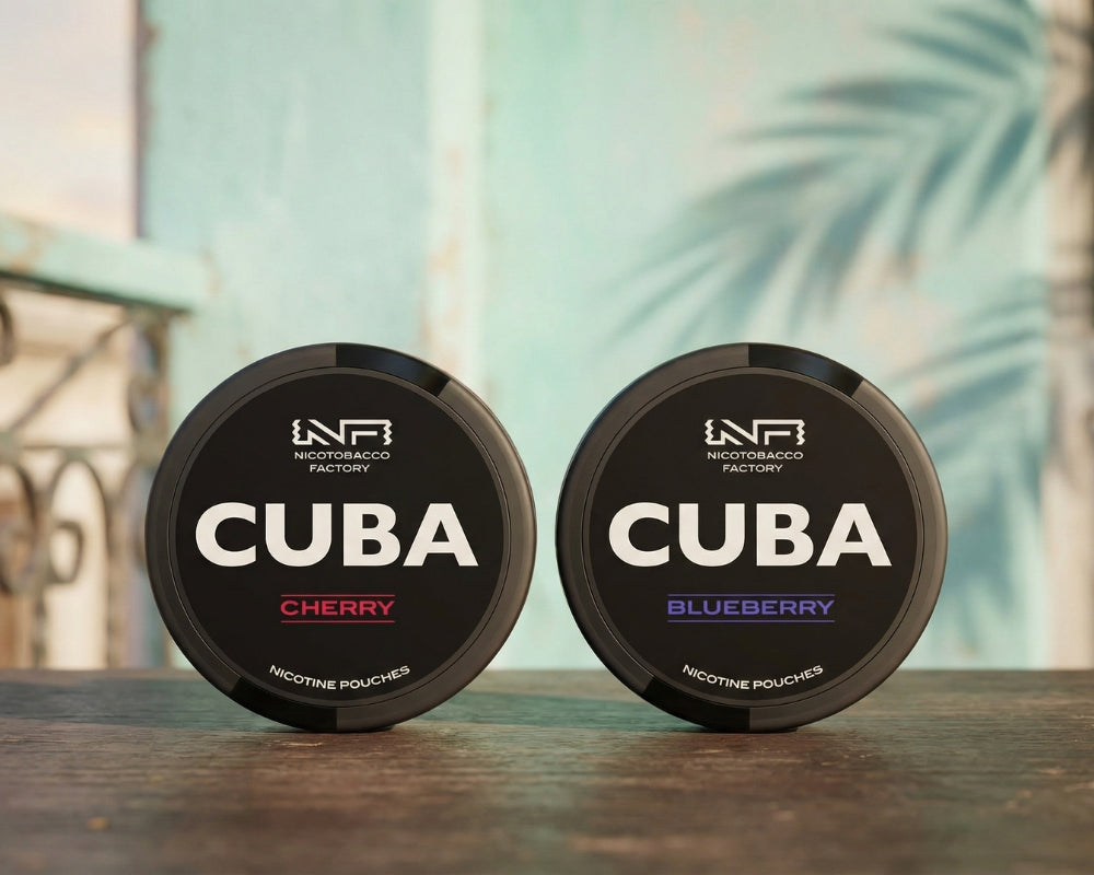 Cuba nikotīna maisiņi ar ķiršu un melleņu garšu no Nicotobacco Factory melnās kastītēs