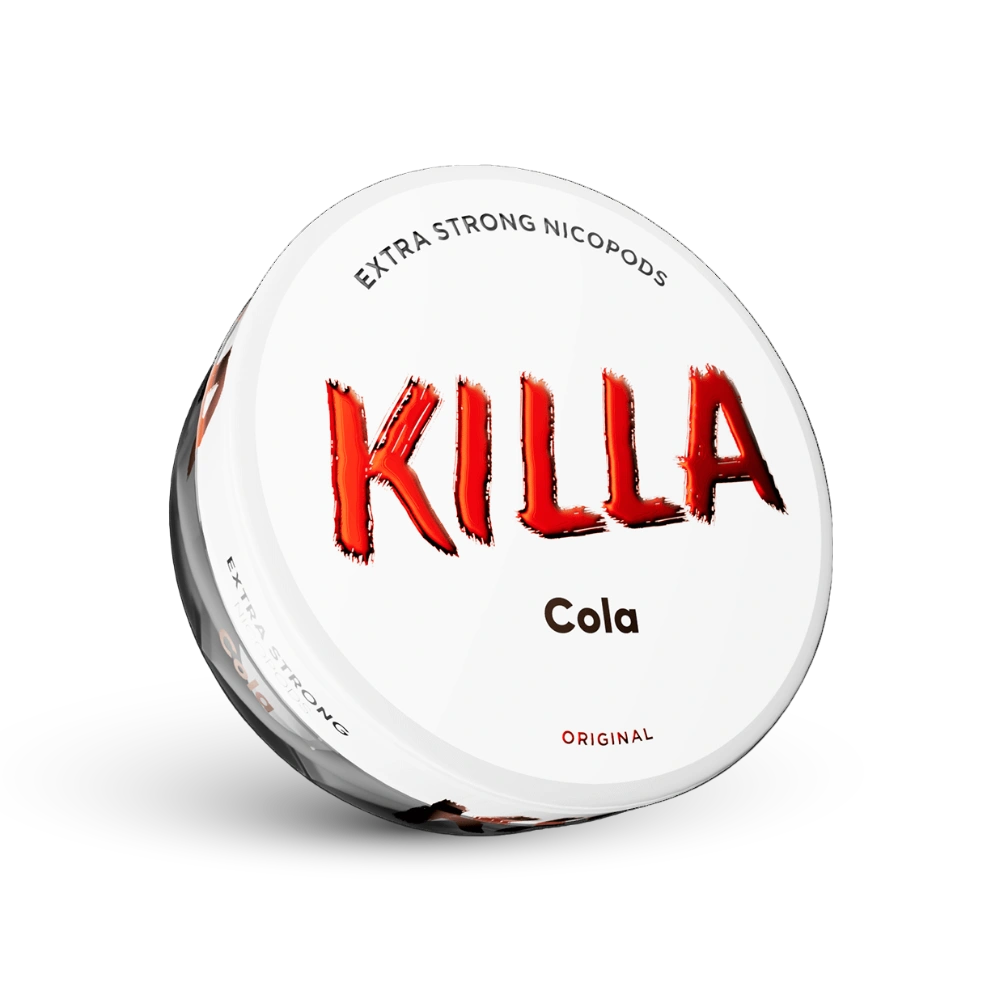 Killa Cola Extra Strong Nicotine Pouches ar 16mg nikotīnu, balta deoza ar sarkanu logotipu