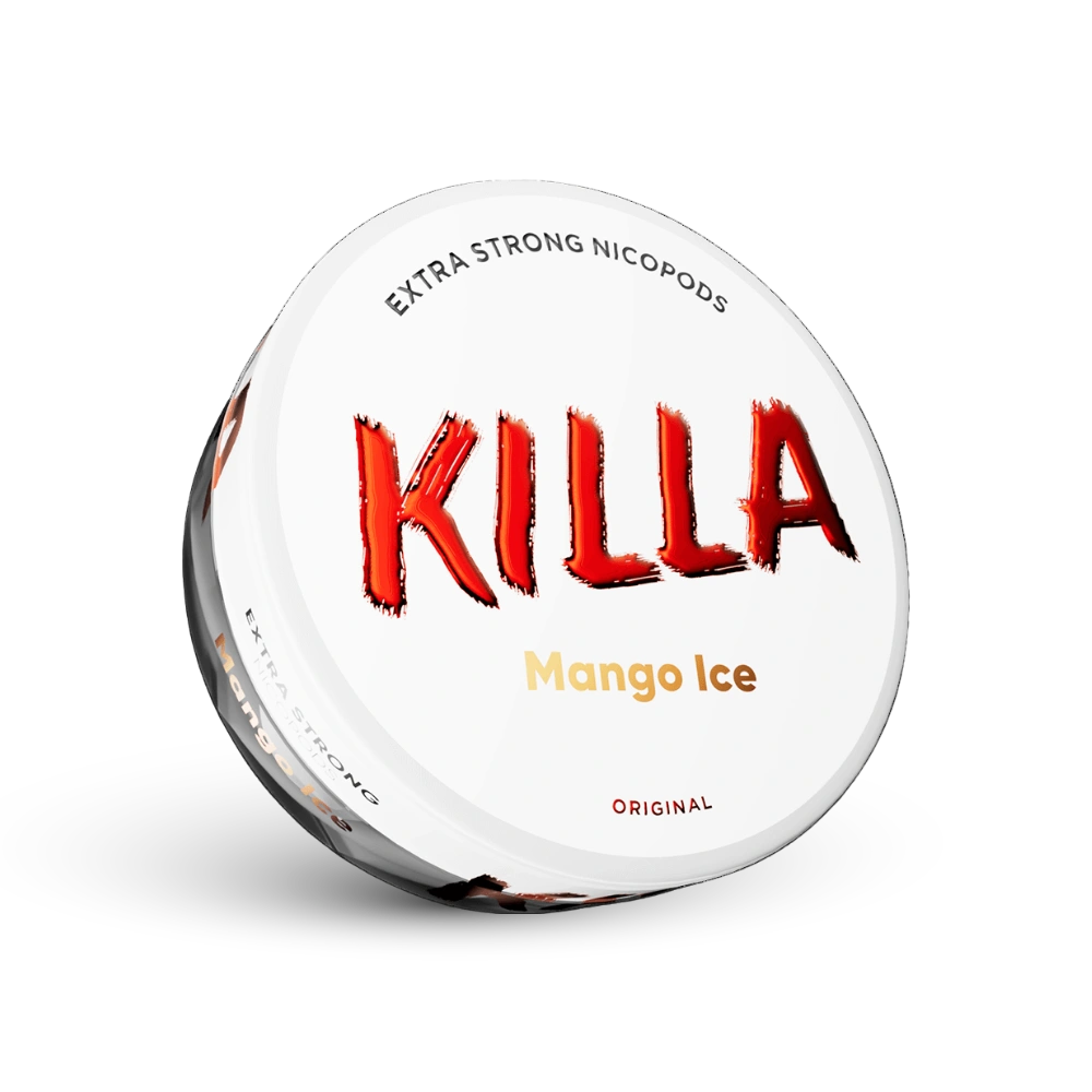 Killa Mango Ice Nicotīna maisiņi Extra Strong, 16 mg, Deva ar baltu dizainu un sarkanu logotipu