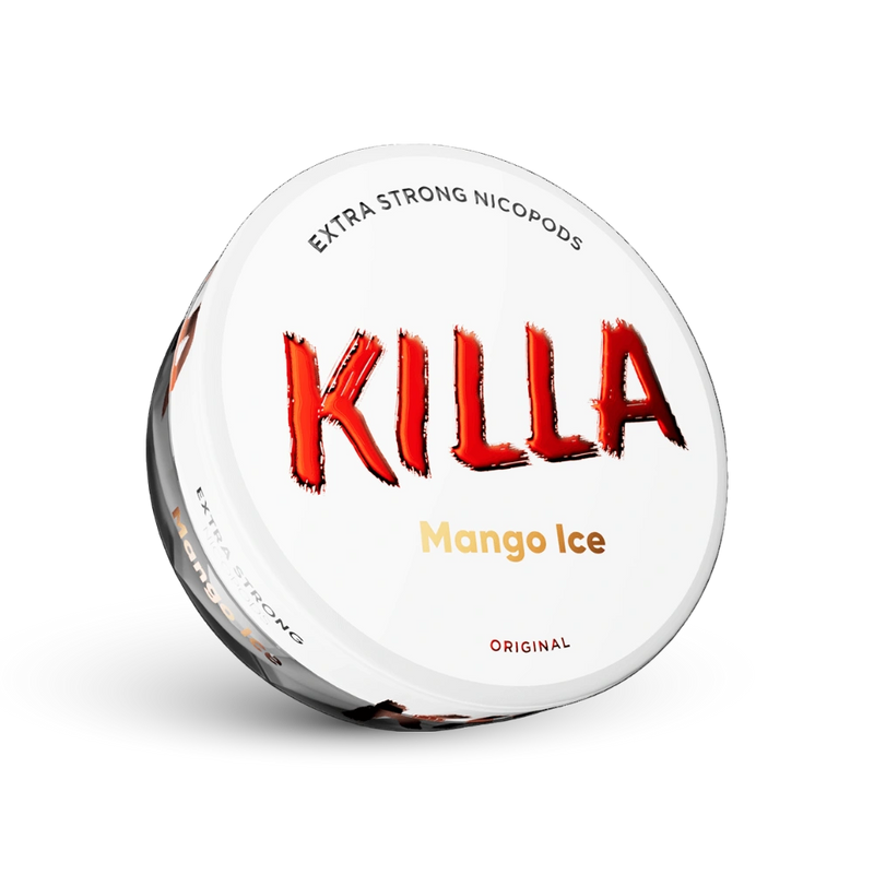 Killa Mango Ice Nicotīna maisiņi Extra Strong, 16 mg, Deva ar baltu dizainu un sarkanu logotipu