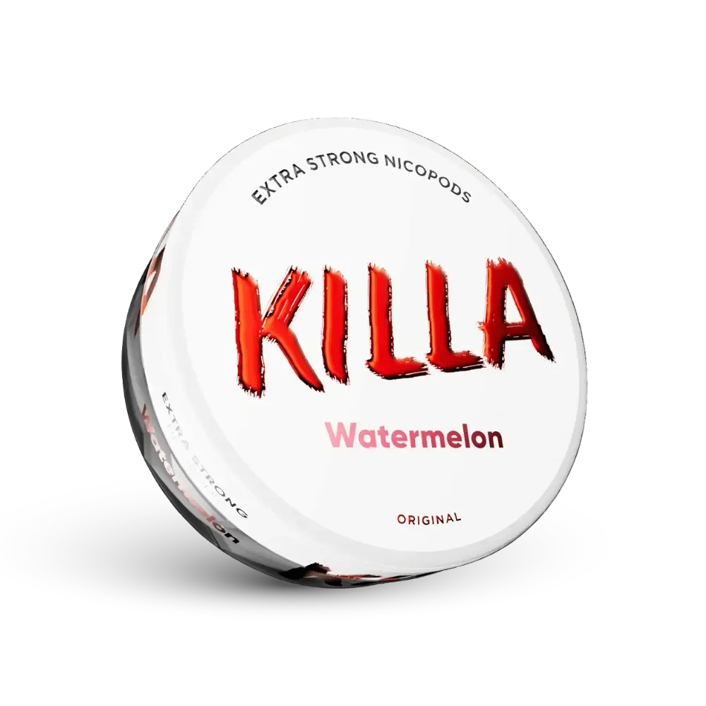 Killa Watermelon Extra Strong Nicotine Pouches Deva ar sarkanu logotipu un arbūza garšu